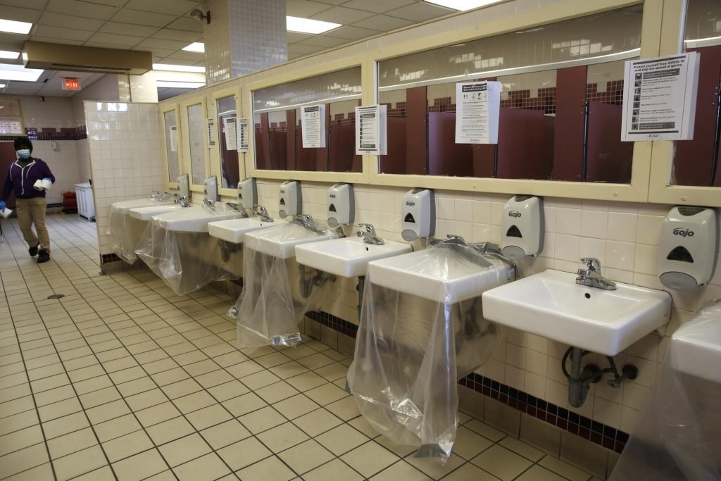 public restroom with mirrors