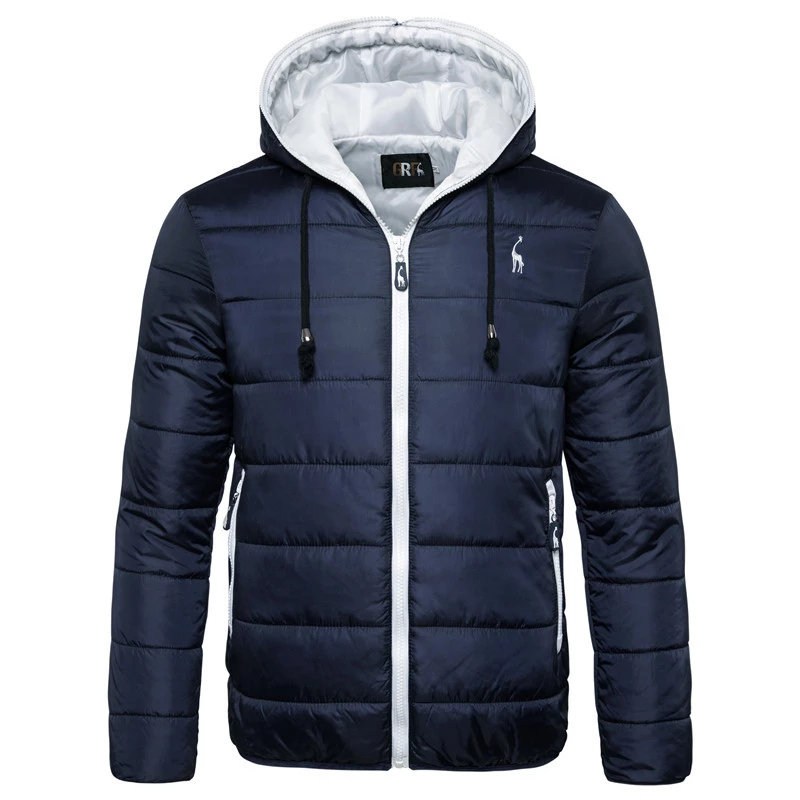 a dark blue jacket with white inner clothing