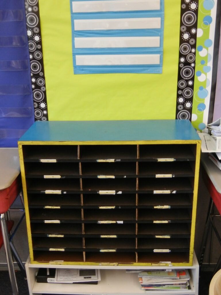 wooden classroom mailboxes used for storing books an binders