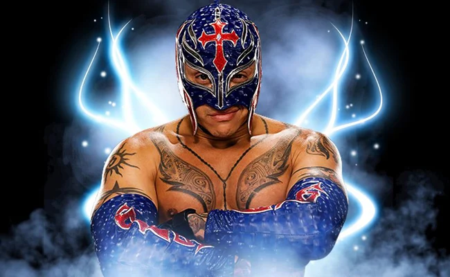 Rey Mysterio wearing a blue mask